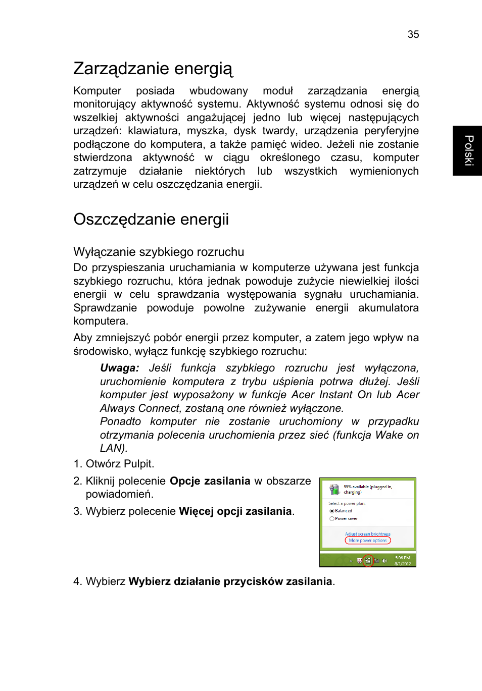 Zarządzanie energią, Oszczędzanie energii, Zarządzanie energią 35 | Acer TravelMate P253-MG User Manual | Page 1165 / 2736