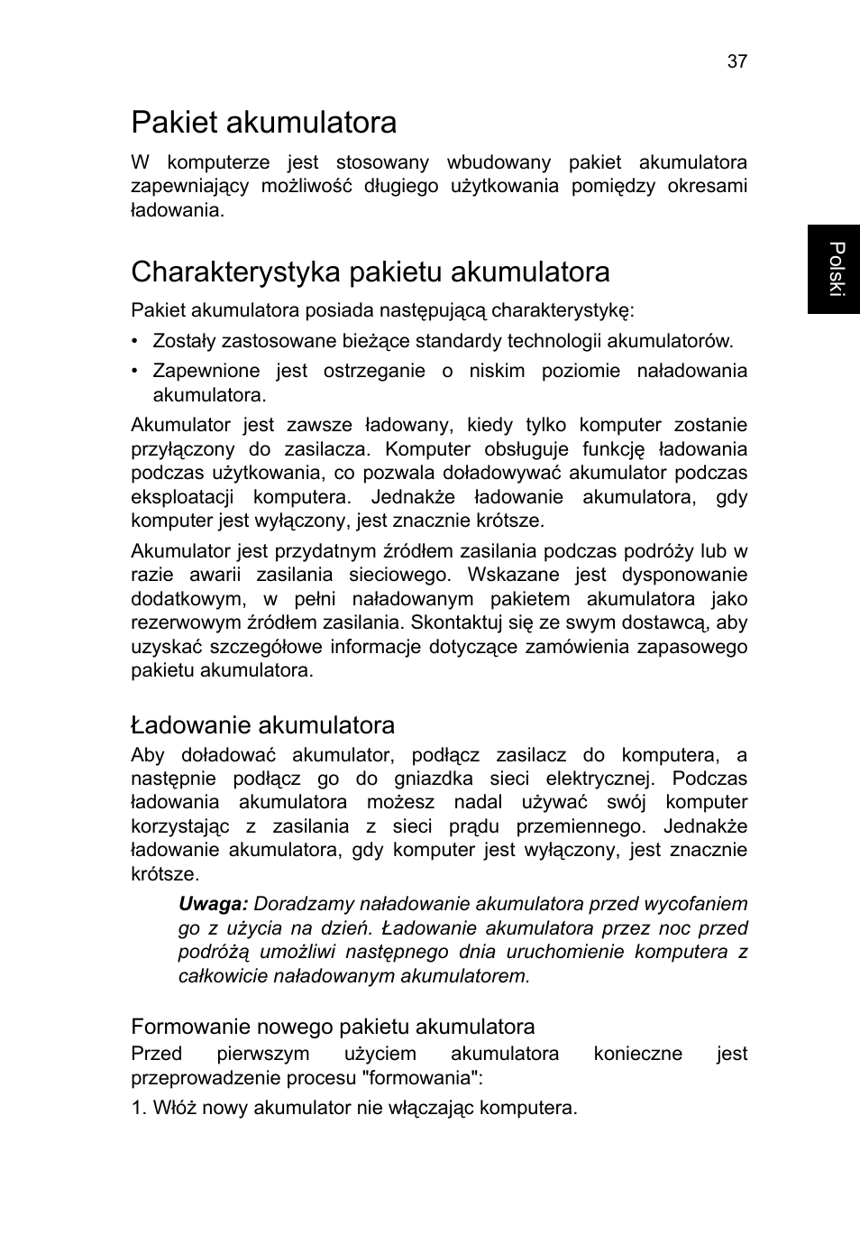 Pakiet akumulatora, Charakterystyka pakietu akumulatora, Ładowanie akumulatora | Acer TravelMate P253-MG User Manual | Page 1167 / 2736