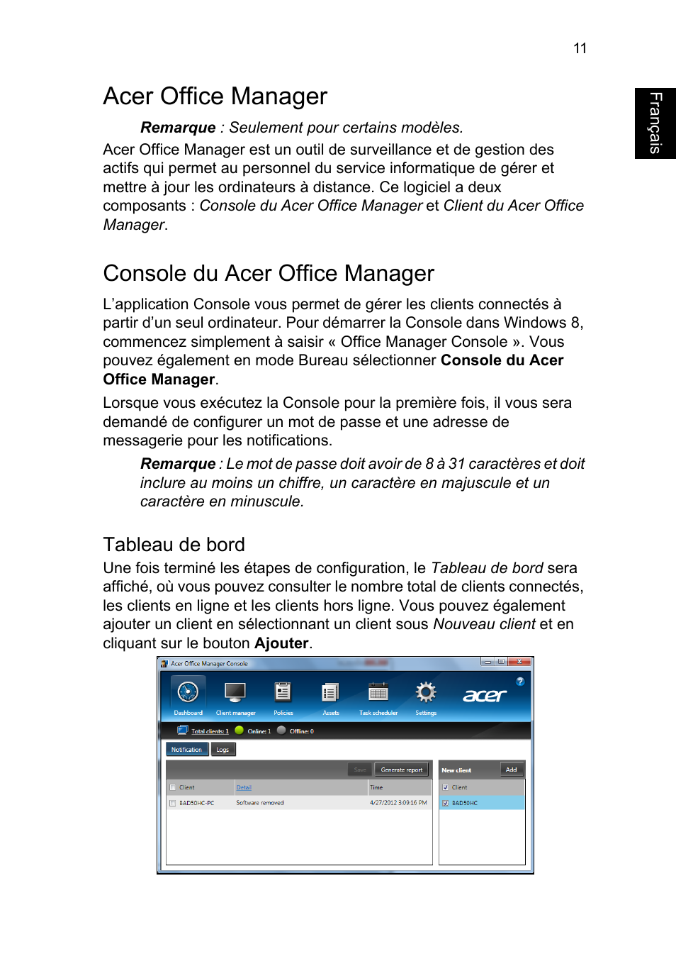 Acer office manager, Console du acer office manager, Tableau de bord | Acer TravelMate P253-MG User Manual | Page 119 / 2736