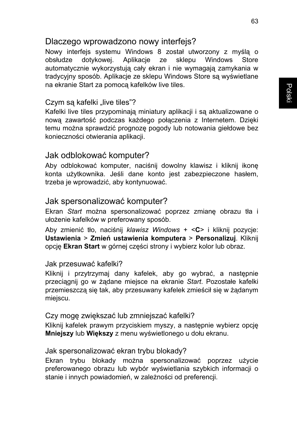 Dlaczego wprowadzono nowy interfejs, Jak odblokować komputer, Jak spersonalizować komputer | Acer TravelMate P253-MG User Manual | Page 1193 / 2736