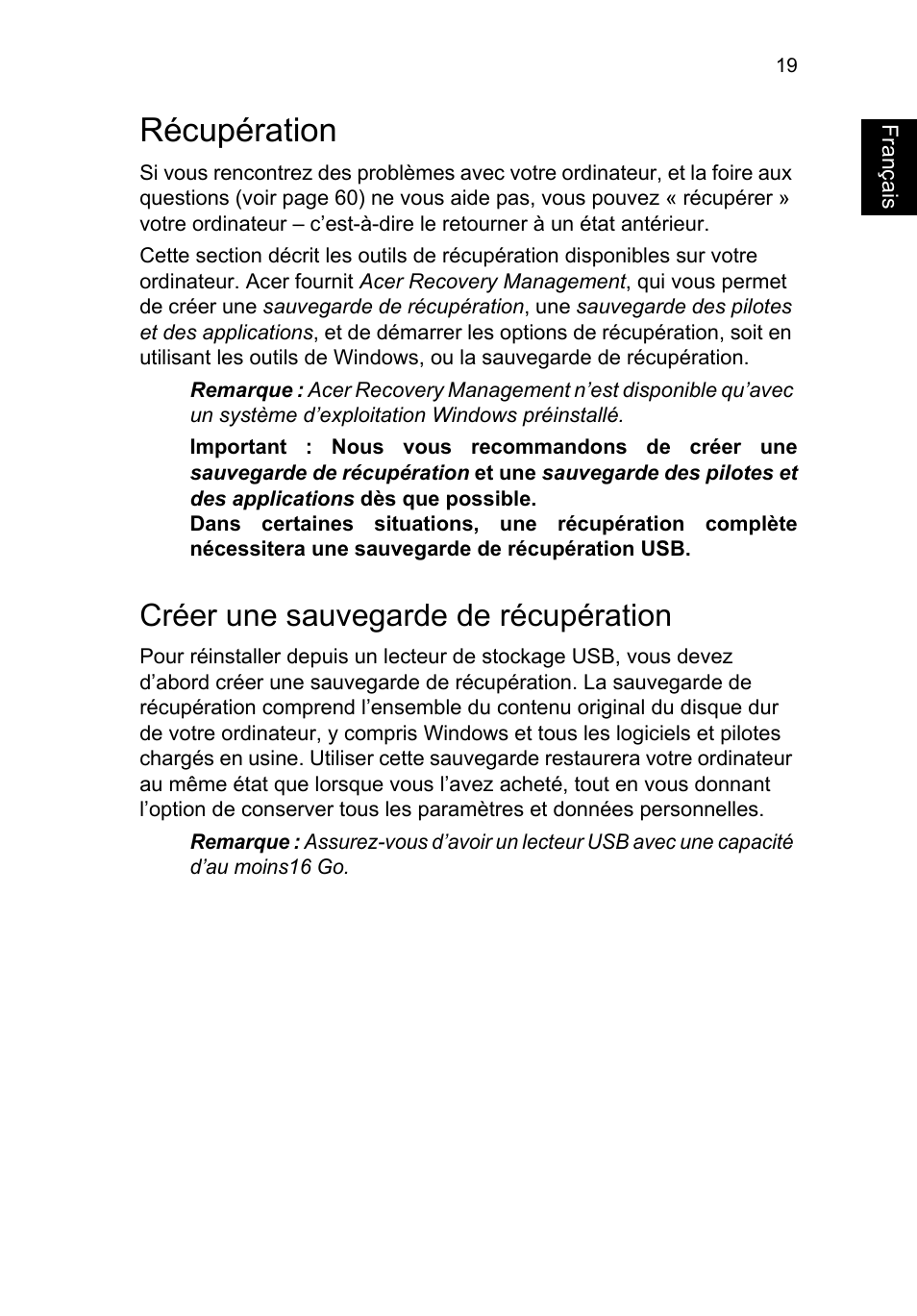 Récupération, Créer une sauvegarde de récupération, Récupération 19 | Acer TravelMate P253-MG User Manual | Page 127 / 2736