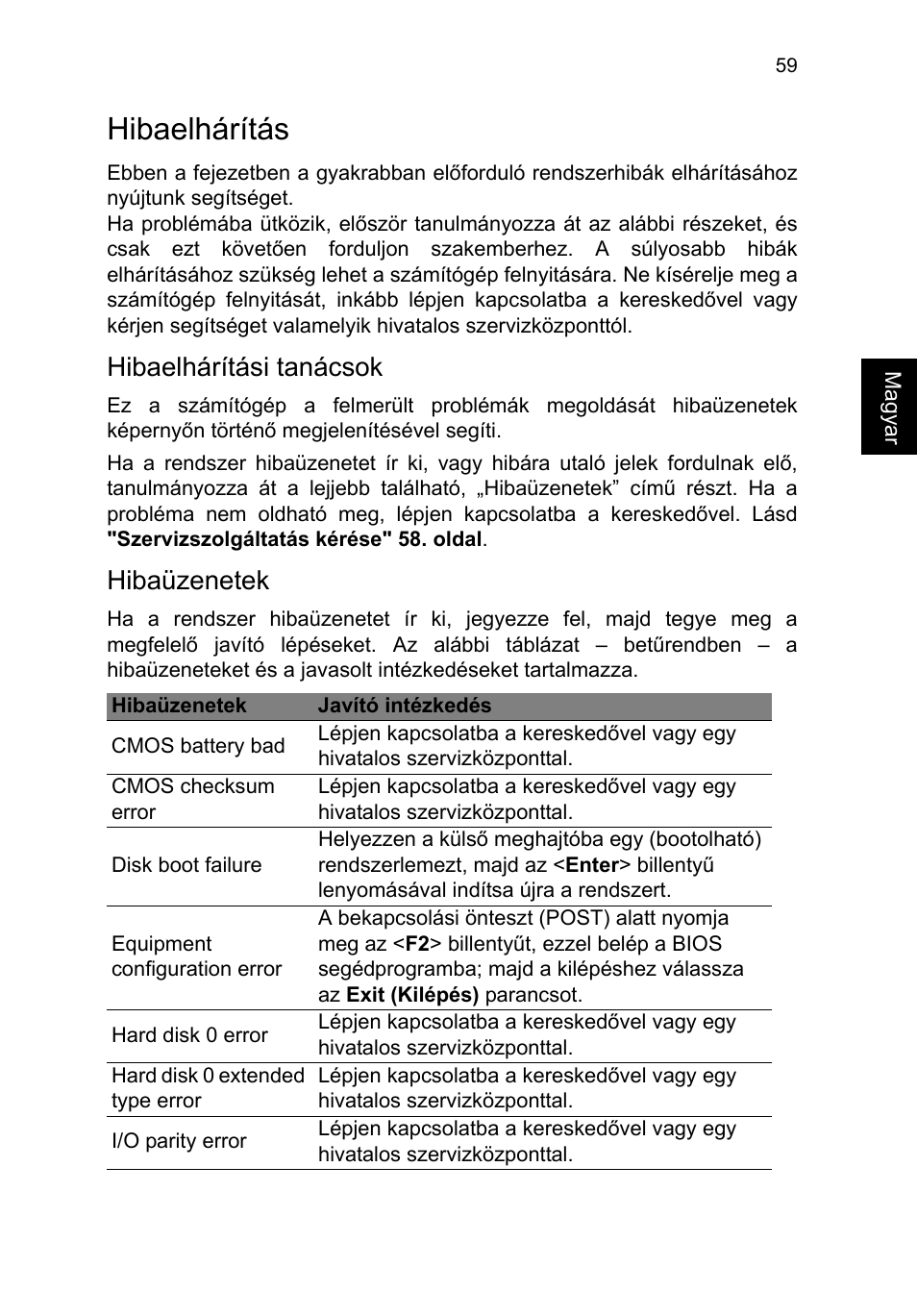 Hibaelhárítás, Hibaelhárítási tanácsok, Hibaüzenetek | Acer TravelMate P253-MG User Manual | Page 1281 / 2736