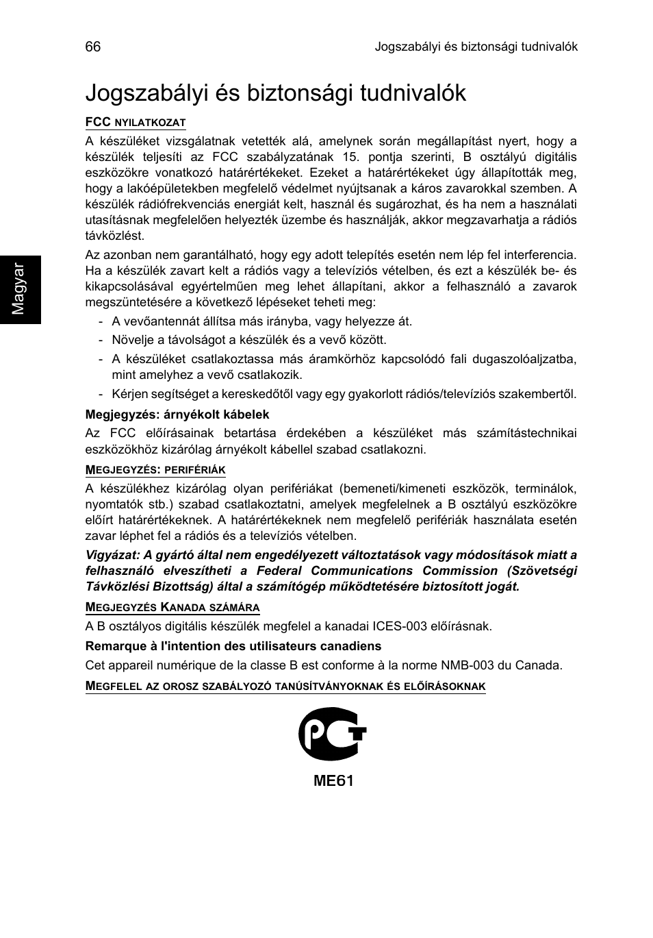 Jogszabályi és biztonsági tudnivalók, Magyar | Acer TravelMate P253-MG User Manual | Page 1288 / 2736