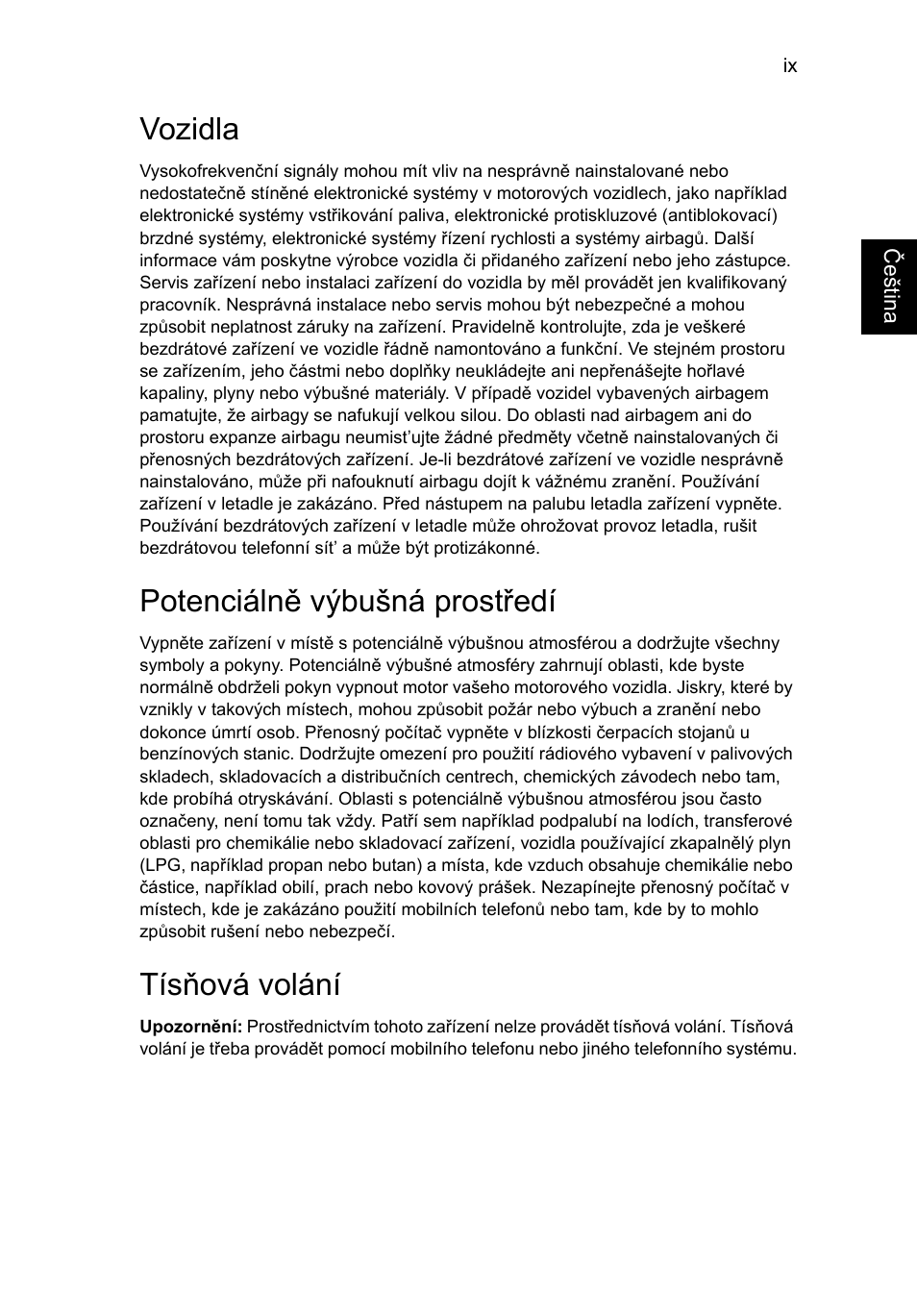 Vozidla, Potenciálně výbušná prostředí, Tísňová volání | Acer TravelMate P253-MG User Manual | Page 1303 / 2736