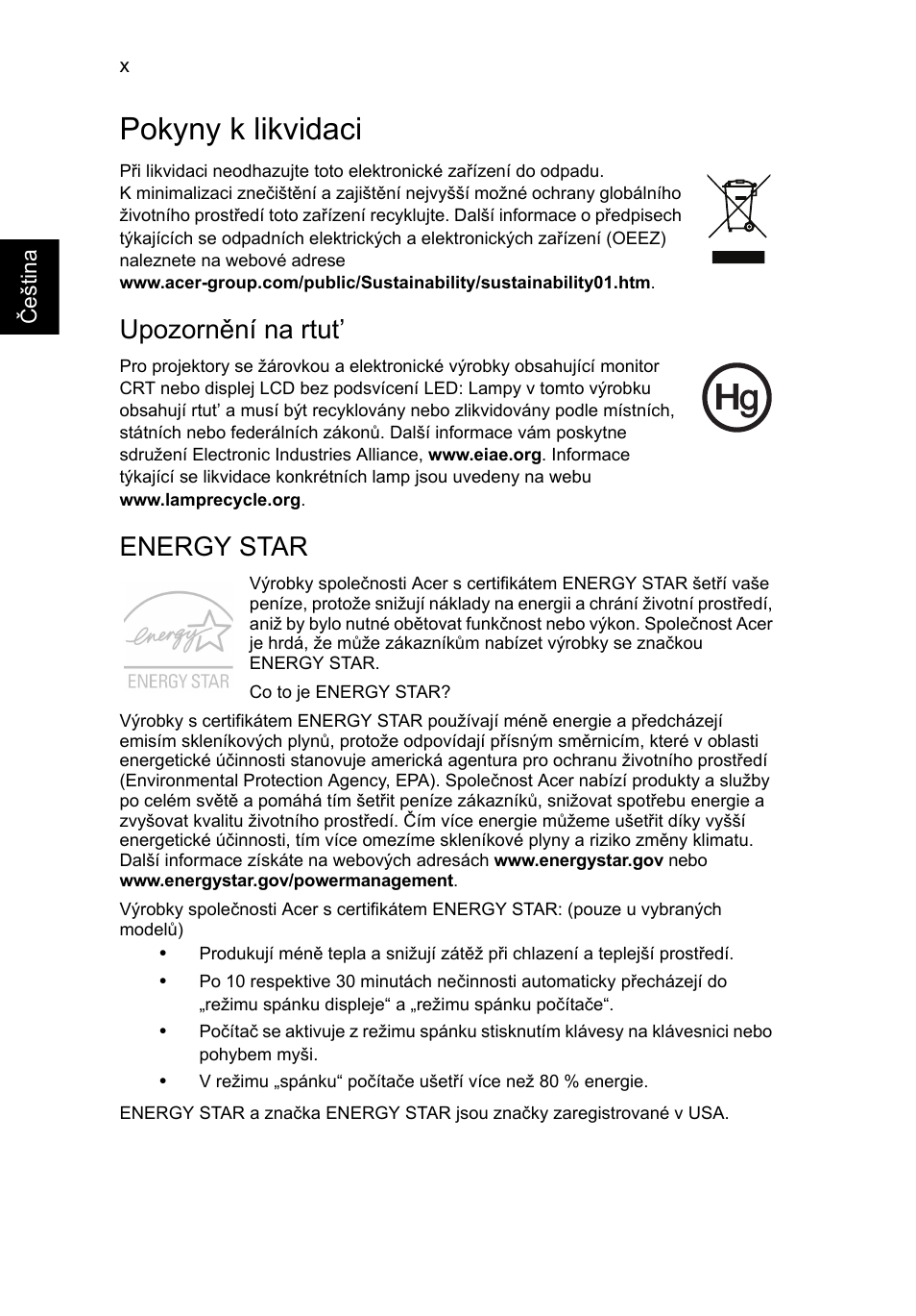 Pokyny k likvidaci, Upozornění na rtut, Energy star | Acer TravelMate P253-MG User Manual | Page 1304 / 2736