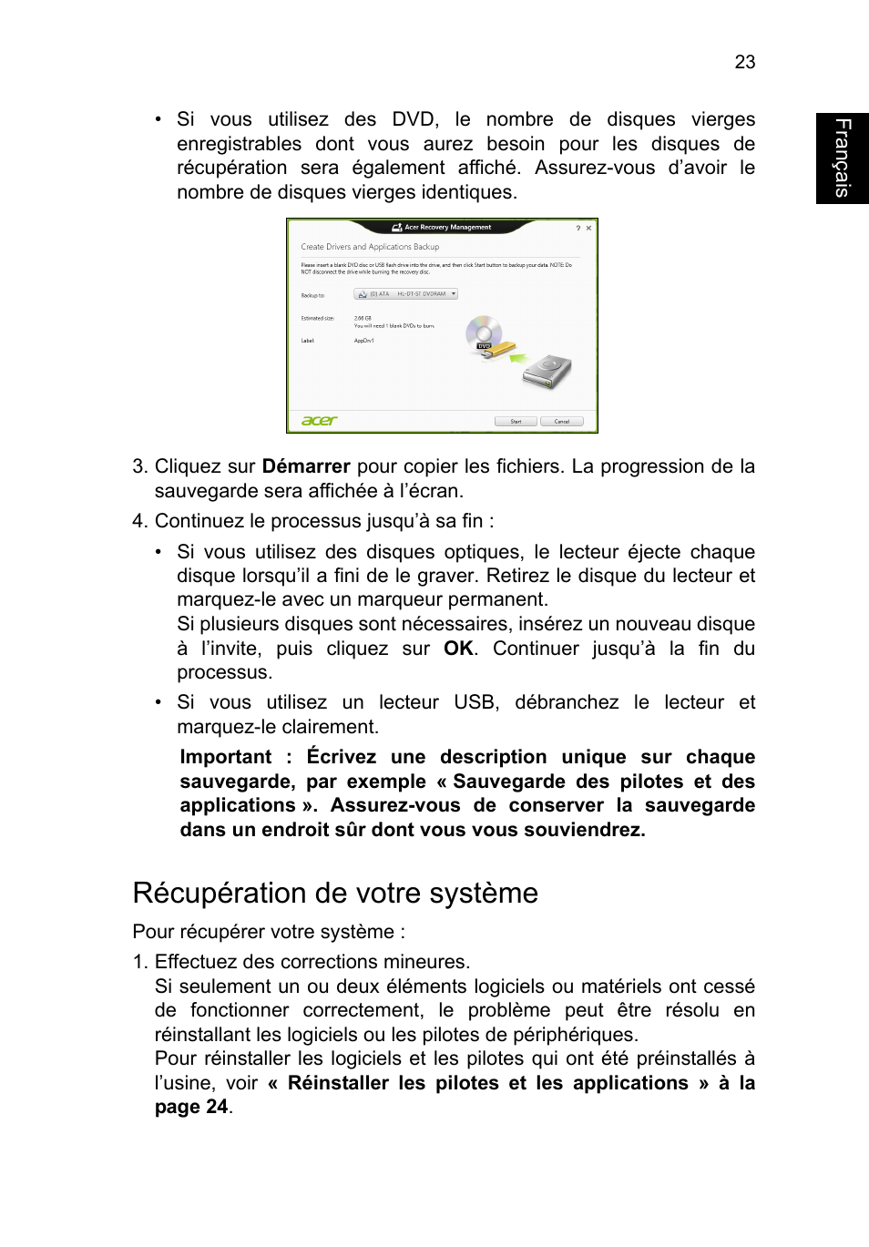 Récupération de votre système, Français | Acer TravelMate P253-MG User Manual | Page 131 / 2736