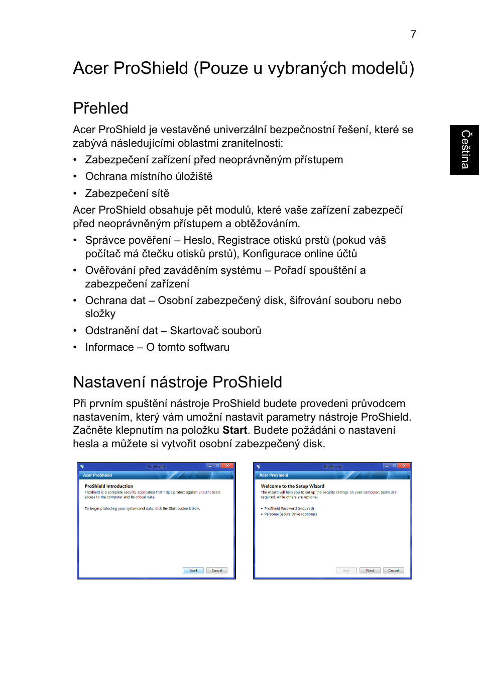 Acer proshield, Přehled, Nastavení nástroje proshield | Acer proshield (pouze u vybraných modelů) | Acer TravelMate P253-MG User Manual | Page 1321 / 2736