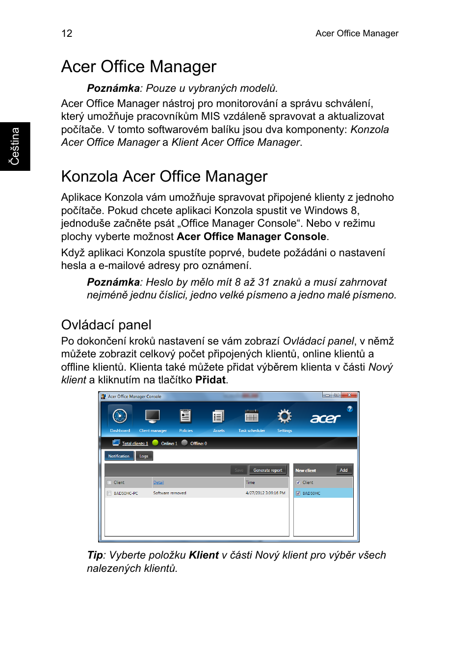 Acer office manager, Konzola acer office manager, Ovládací panel | Acer TravelMate P253-MG User Manual | Page 1326 / 2736