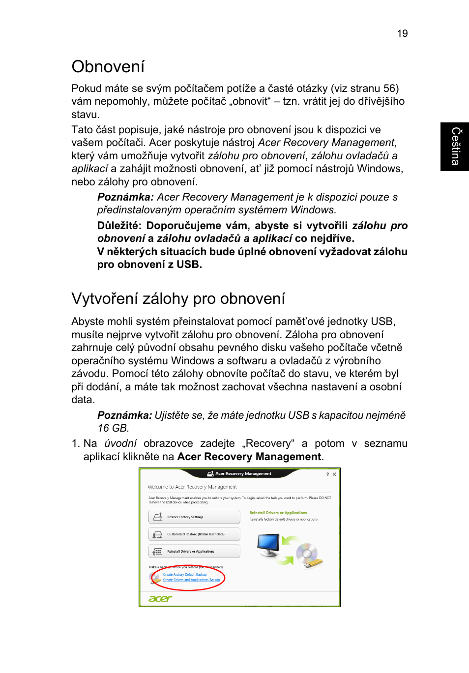 Obnovení, Vytvoření zálohy pro obnovení | Acer TravelMate P253-MG User Manual | Page 1333 / 2736