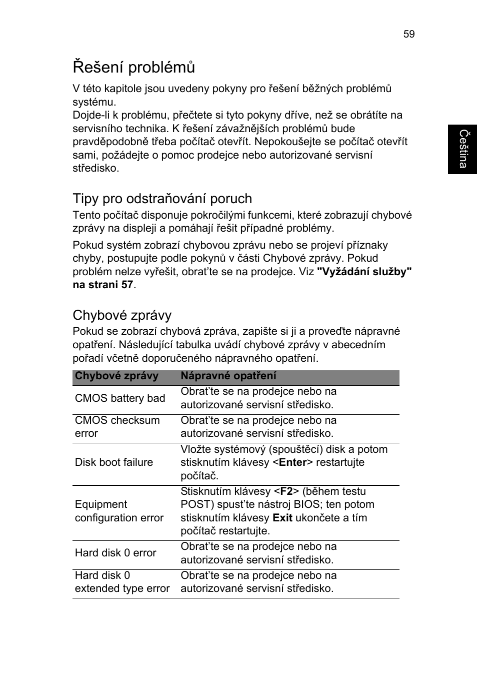 Řešení problémů, Tipy pro odstraňování poruch, Chybové zprávy | Acer TravelMate P253-MG User Manual | Page 1373 / 2736