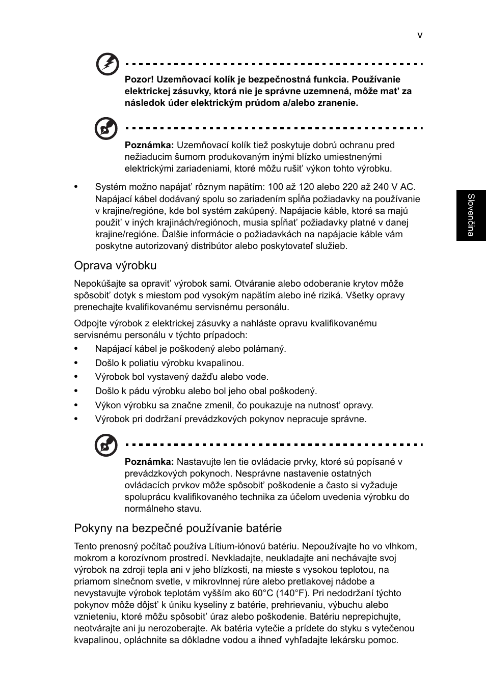 Oprava výrobku, Pokyny na bezpečné používanie batérie | Acer TravelMate P253-MG User Manual | Page 1391 / 2736