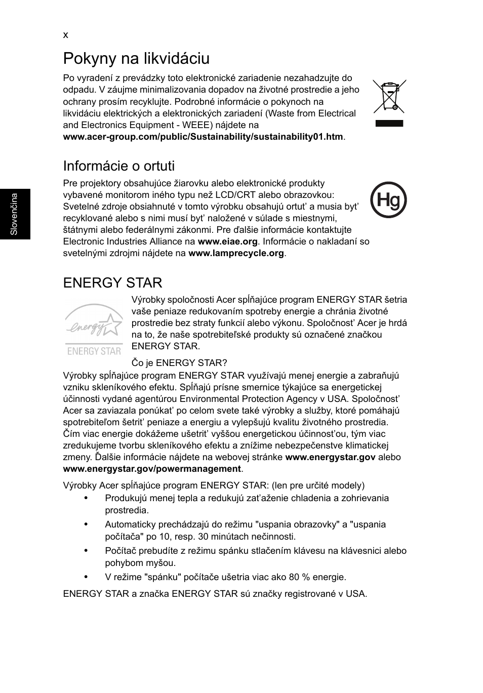 Pokyny na likvidáciu, Informácie o ortuti, Energy star | Acer TravelMate P253-MG User Manual | Page 1396 / 2736