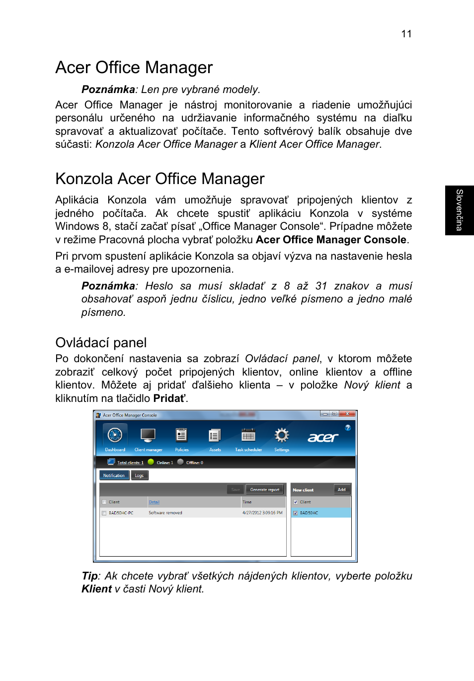 Acer office manager, Konzola acer office manager, Ovládací panel | Acer TravelMate P253-MG User Manual | Page 1417 / 2736