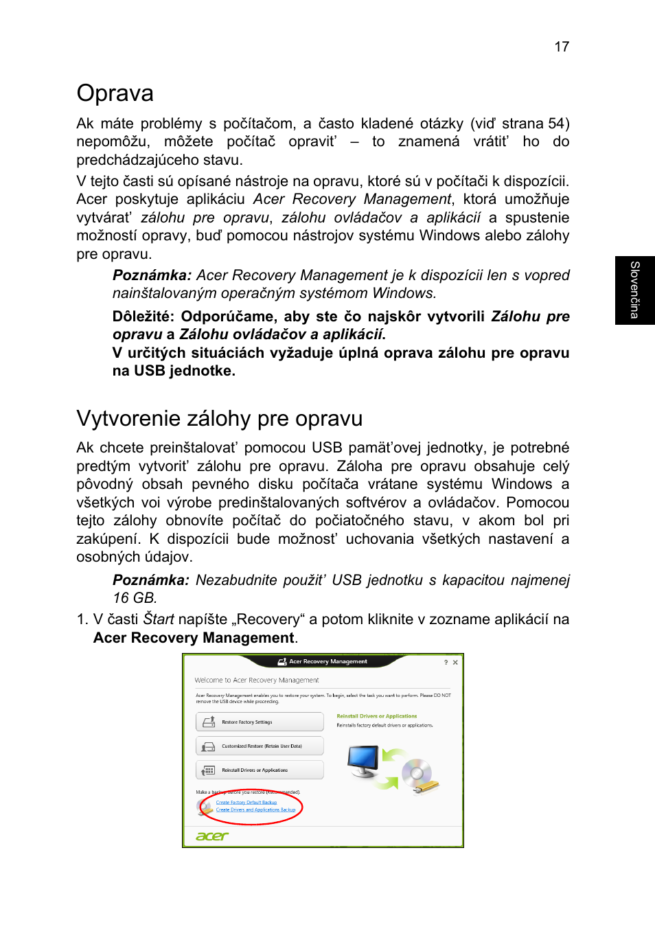 Oprava, Vytvorenie zálohy pre opravu | Acer TravelMate P253-MG User Manual | Page 1423 / 2736