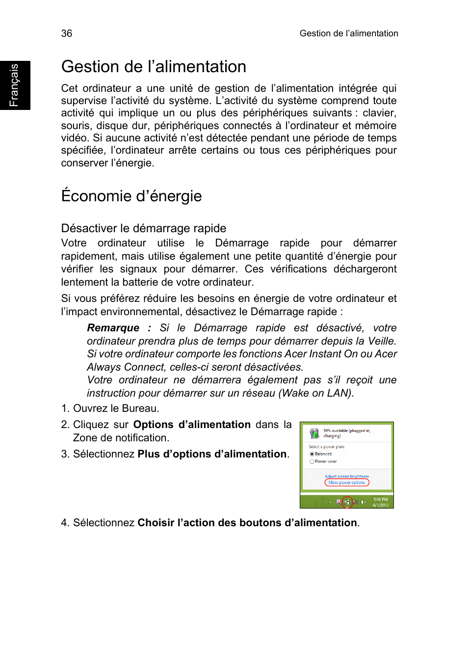 Gestion de l’alimentation, Économie d’énergie | Acer TravelMate P253-MG User Manual | Page 144 / 2736