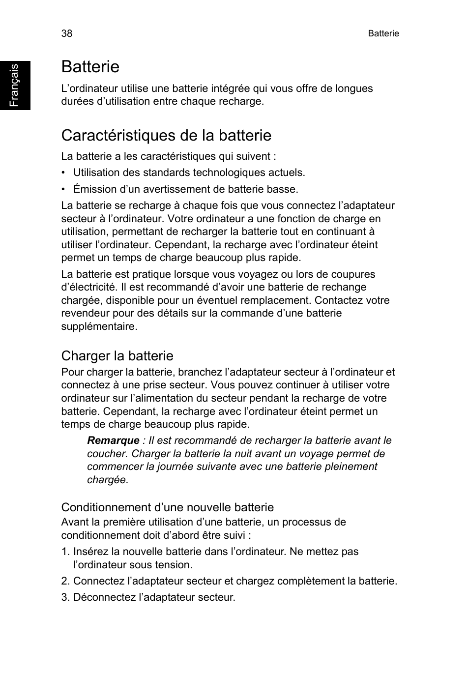 Batterie, Caractéristiques de la batterie, Charger la batterie | Batterie 38 | Acer TravelMate P253-MG User Manual | Page 146 / 2736