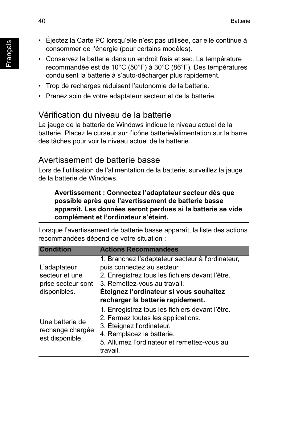 Vérification du niveau de la batterie, Avertissement de batterie basse | Acer TravelMate P253-MG User Manual | Page 148 / 2736