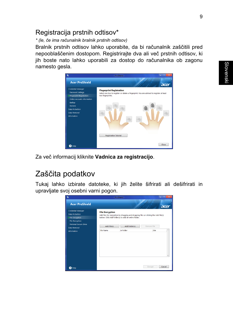 Registracija prstnih odtisov, Zaščita podatkov | Acer TravelMate P253-MG User Manual | Page 1505 / 2736