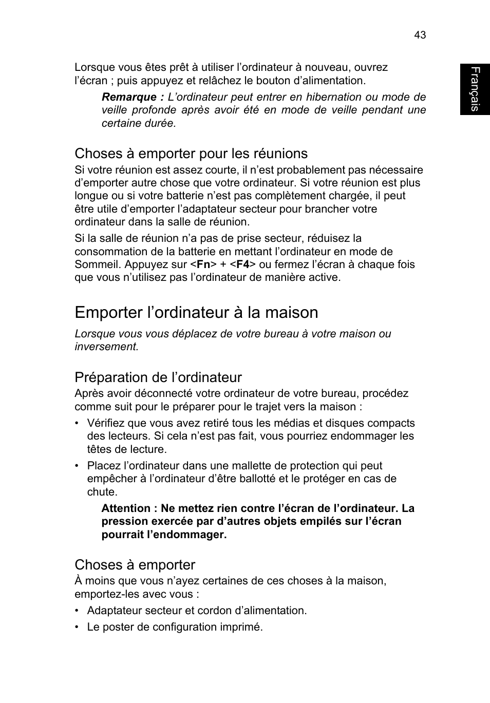 Choses à emporter pour les réunions, Emporter l’ordinateur à la maison, Préparation de l’ordinateur | Choses à emporter, Français | Acer TravelMate P253-MG User Manual | Page 151 / 2736