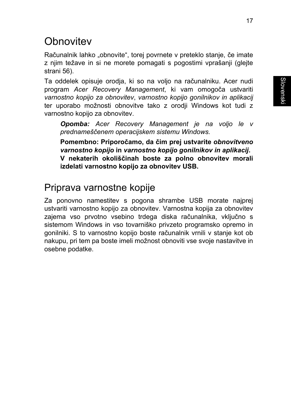 Obnovitev, Priprava varnostne kopije, Obnovitev 17 | Acer TravelMate P253-MG User Manual | Page 1513 / 2736