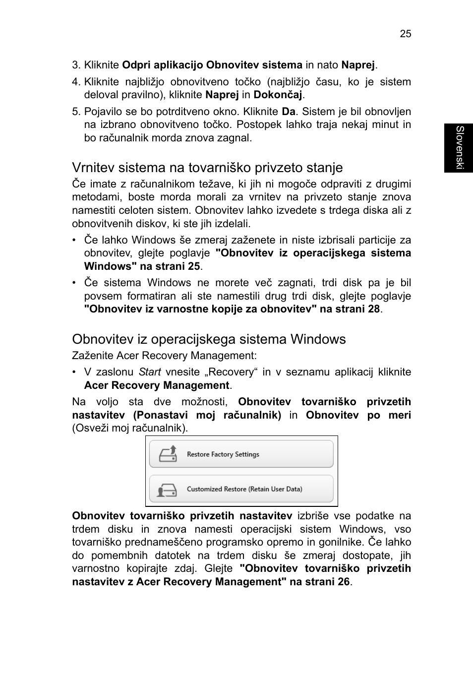 Vrnitev sistema na tovarniško privzeto stanje, Obnovitev iz operacijskega sistema windows | Acer TravelMate P253-MG User Manual | Page 1521 / 2736