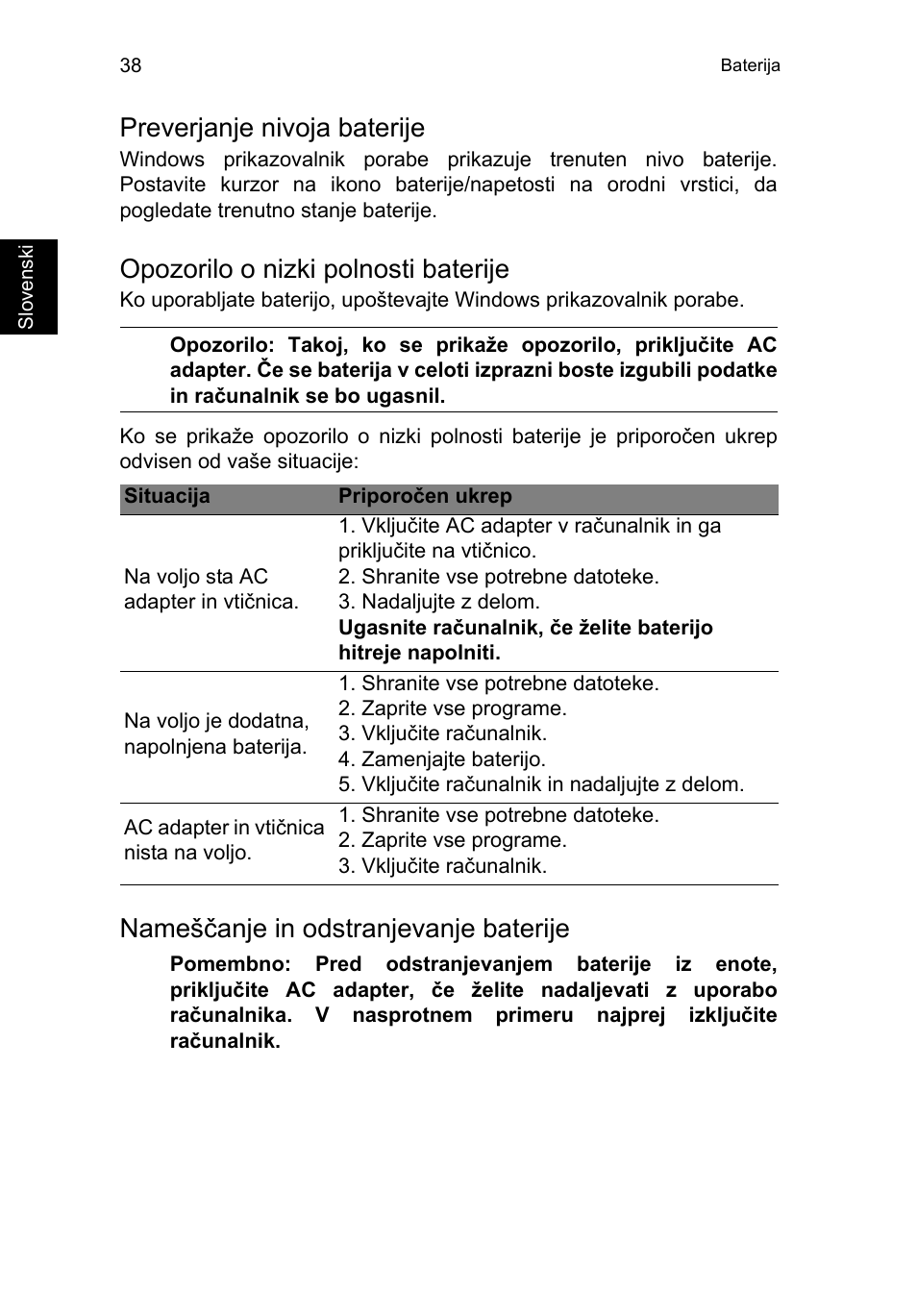 Preverjanje nivoja baterije, Opozorilo o nizki polnosti baterije, Nameščanje in odstranjevanje baterije | Acer TravelMate P253-MG User Manual | Page 1534 / 2736