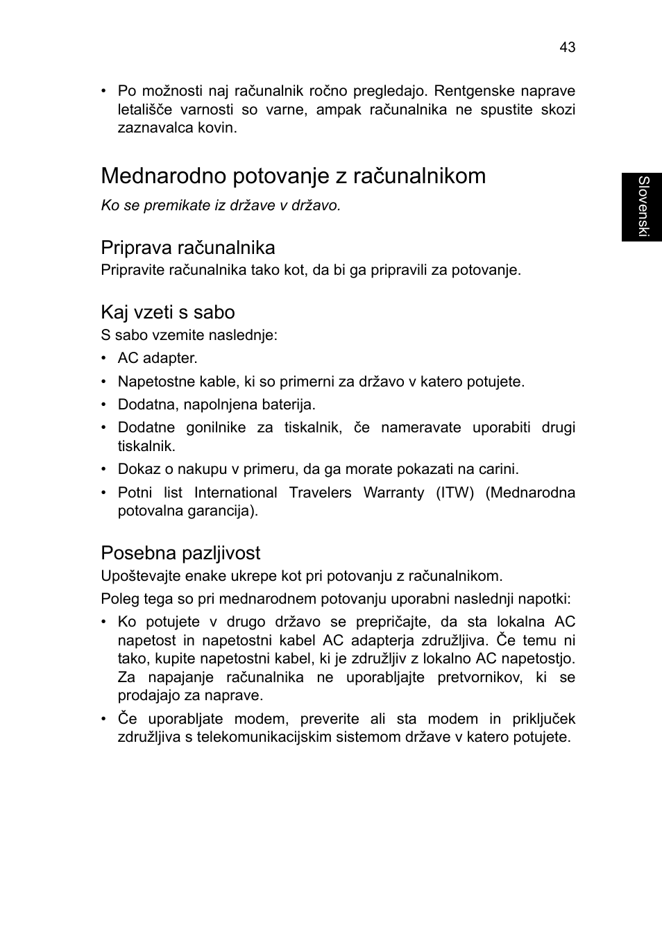 Mednarodno potovanje z računalnikom, Priprava računalnika, Kaj vzeti s sabo | Posebna pazljivost | Acer TravelMate P253-MG User Manual | Page 1539 / 2736