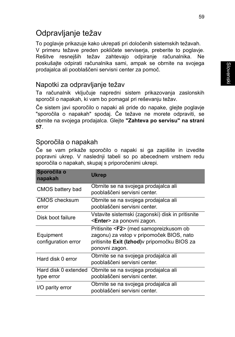 Odpravljanje težav, Napotki za odpravljanje težav, Sporočila o napakah | Acer TravelMate P253-MG User Manual | Page 1555 / 2736