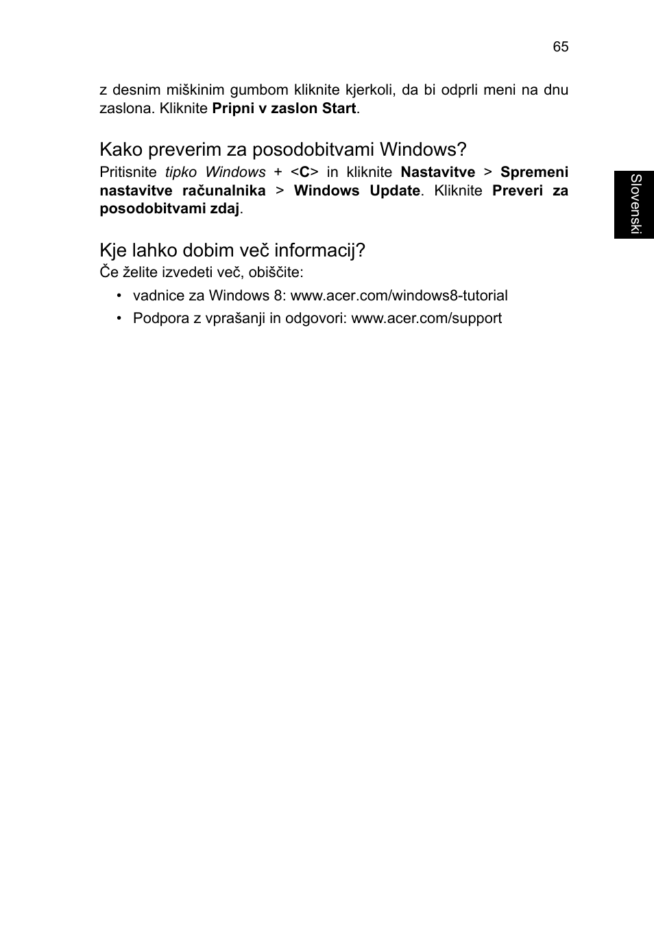 Kako preverim za posodobitvami windows, Kje lahko dobim več informacij | Acer TravelMate P253-MG User Manual | Page 1561 / 2736