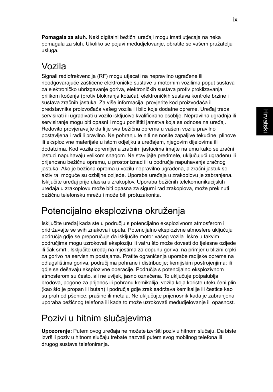 Vozila, Potencijalno eksplozivna okruženja, Pozivi u hitnim slučajevima | Acer TravelMate P253-MG User Manual | Page 1577 / 2736