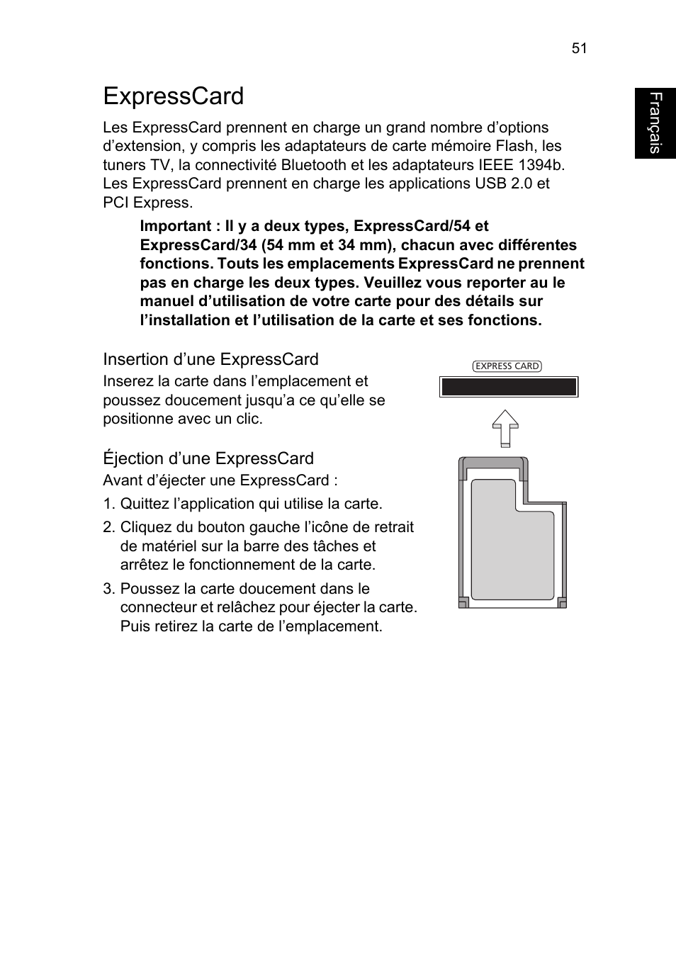 Expresscard, Expresscard 51, Français | Acer TravelMate P253-MG User Manual | Page 159 / 2736