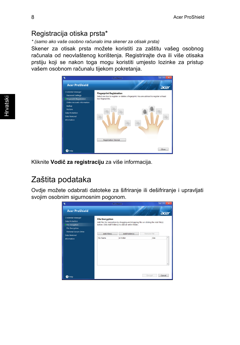 Registracija otiska prsta, Zaštita podataka | Acer TravelMate P253-MG User Manual | Page 1596 / 2736