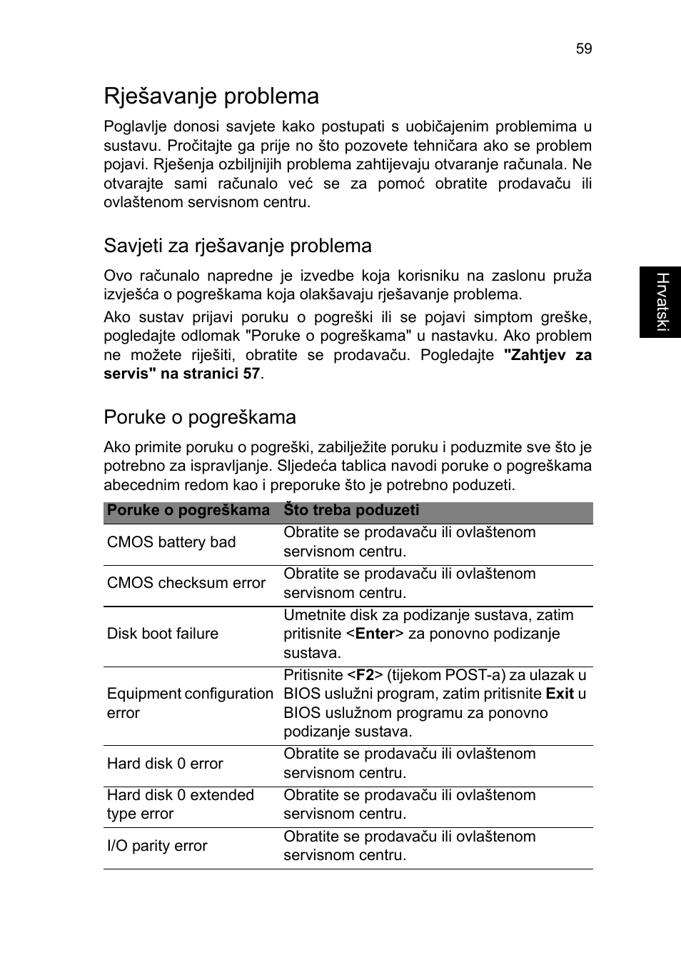 Rješavanje problema, Savjeti za rješavanje problema, Poruke o pogreškama | Acer TravelMate P253-MG User Manual | Page 1647 / 2736