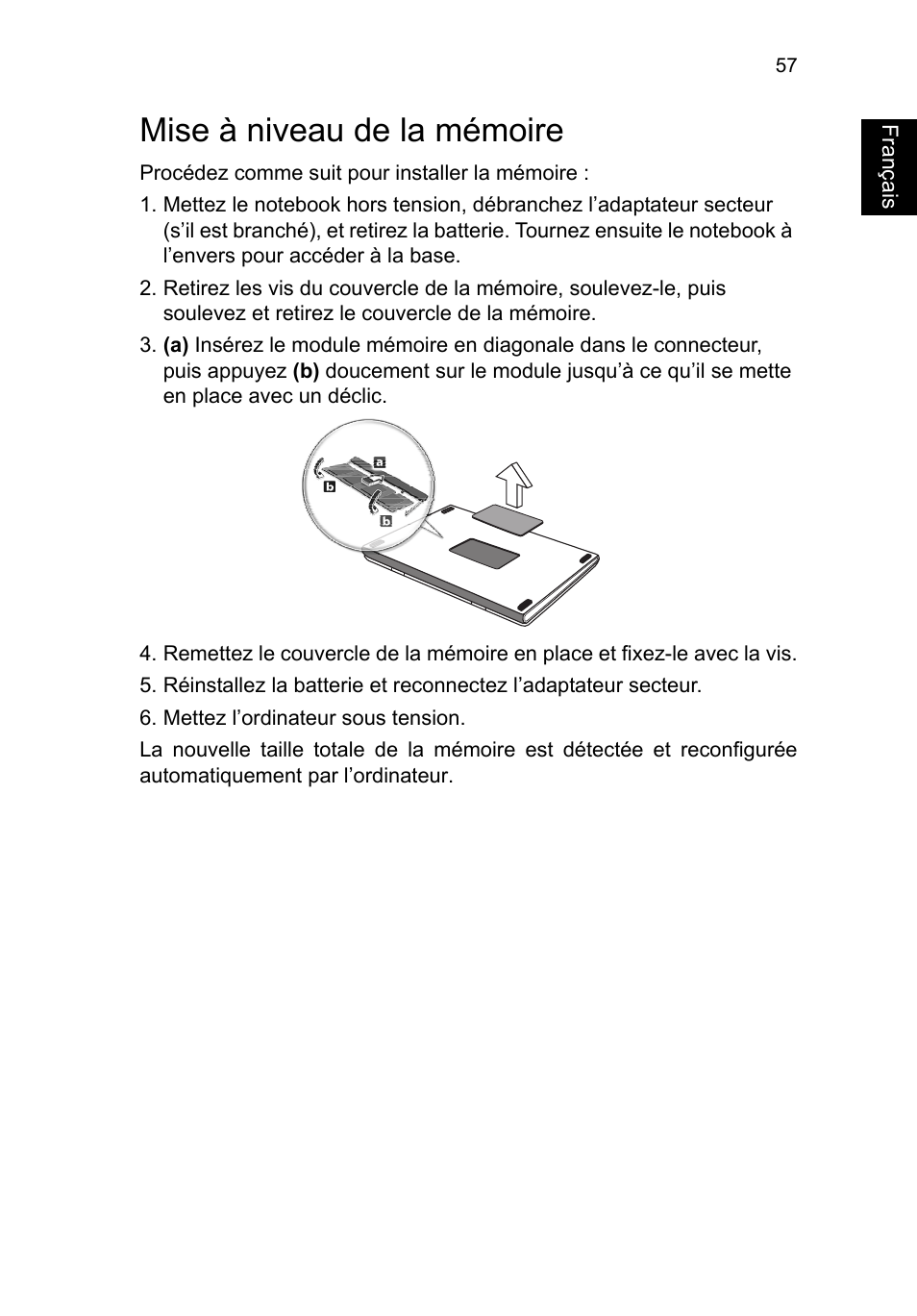 Mise à niveau de la mémoire, Français | Acer TravelMate P253-MG User Manual | Page 165 / 2736