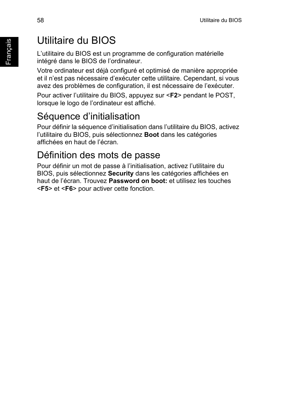 Utilitaire du bios, Séquence d’initialisation, Définition des mots de passe | Activation de la récupération disque à disque | Acer TravelMate P253-MG User Manual | Page 166 / 2736