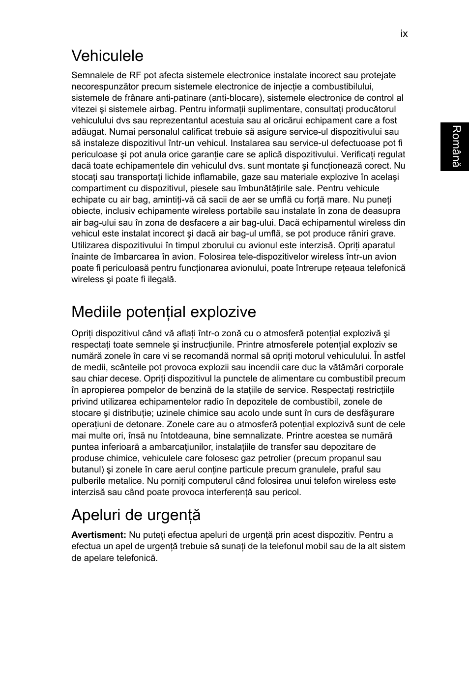 Vehiculele, Mediile potenţial explozive, Apeluri de urgenţă | Acer TravelMate P253-MG User Manual | Page 1669 / 2736