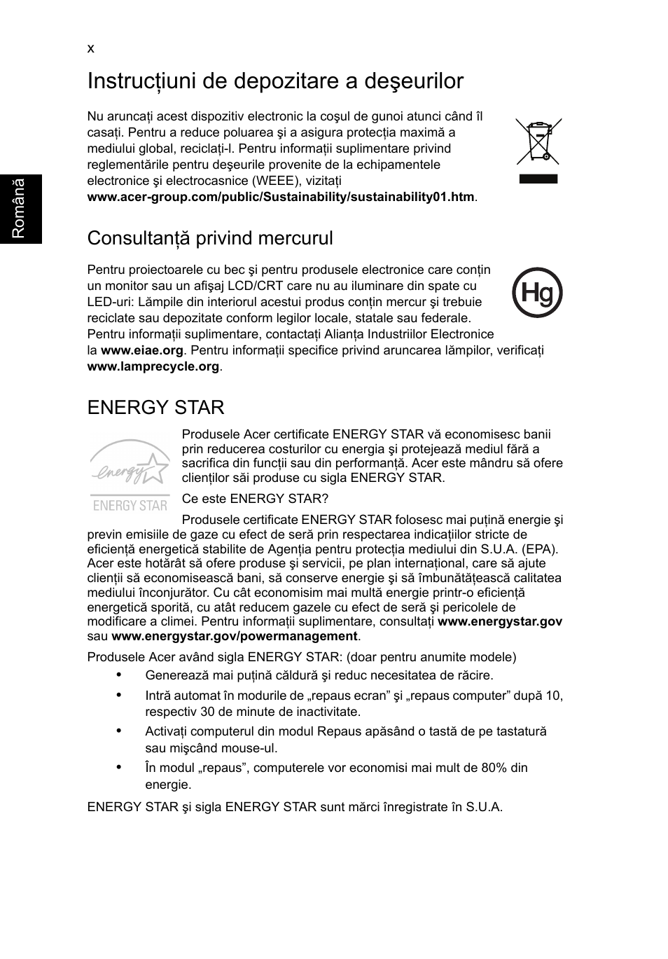 Instrucţiuni de depozitare a deşeurilor, Consultanţă privind mercurul, Energy star | Acer TravelMate P253-MG User Manual | Page 1670 / 2736