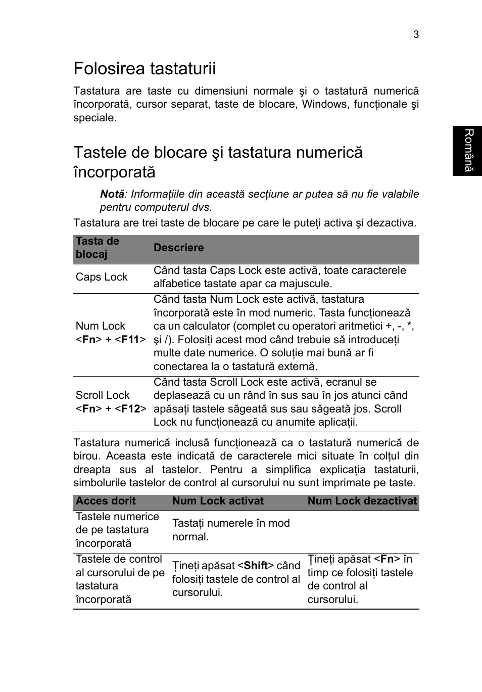 Folosirea tastaturii | Acer TravelMate P253-MG User Manual | Page 1683 / 2736