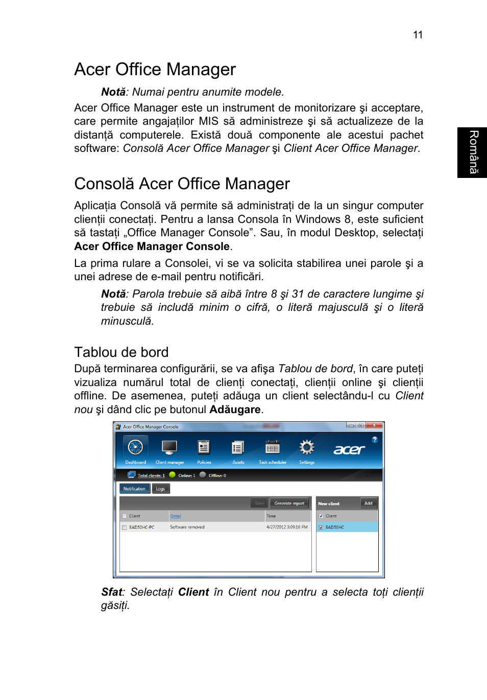 Acer office manager, Consolă acer office manager, Tablou de bord | Acer TravelMate P253-MG User Manual | Page 1691 / 2736