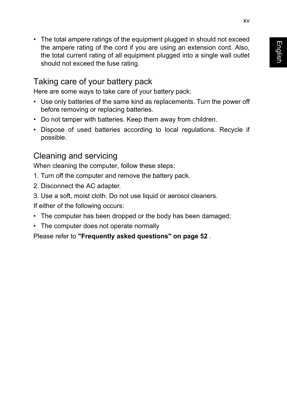 Taking care of your battery pack, Cleaning and servicing | Acer TravelMate P253-MG User Manual | Page 17 / 2736