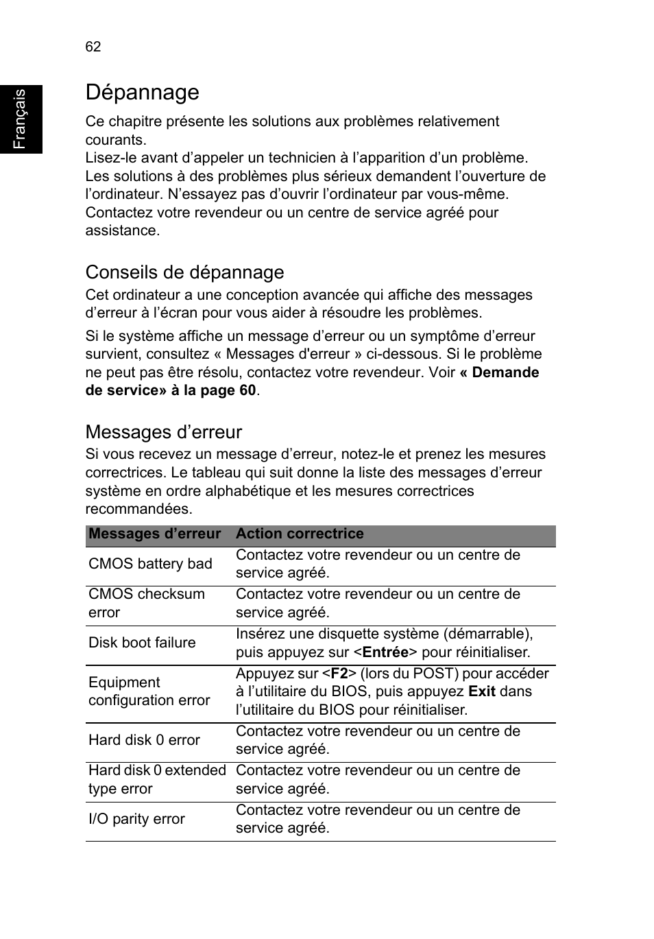 Dépannage, Conseils de dépannage, Messages d’erreur | Acer TravelMate P253-MG User Manual | Page 170 / 2736