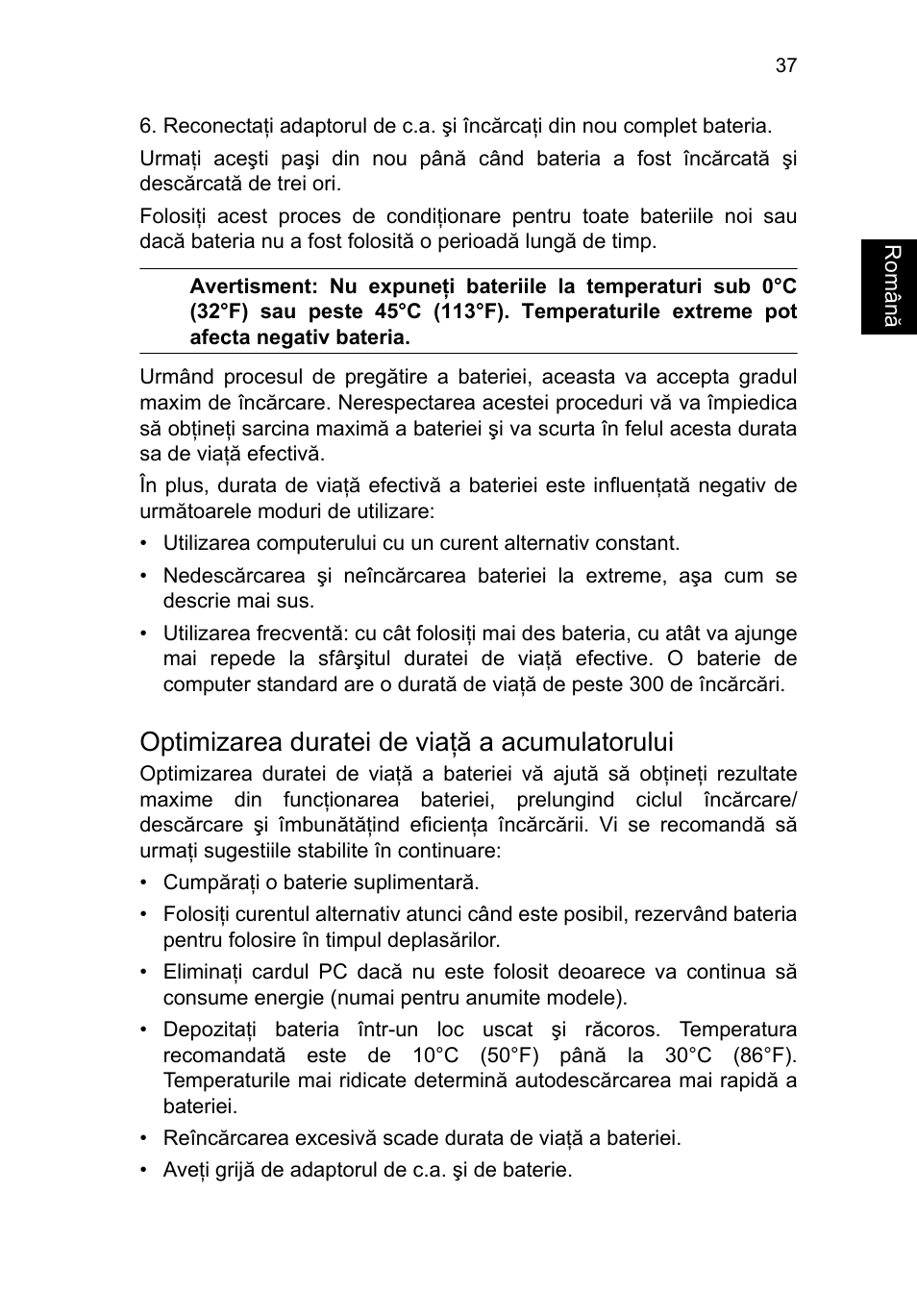 Optimizarea duratei de viaţă a acumulatorului | Acer TravelMate P253-MG User Manual | Page 1717 / 2736