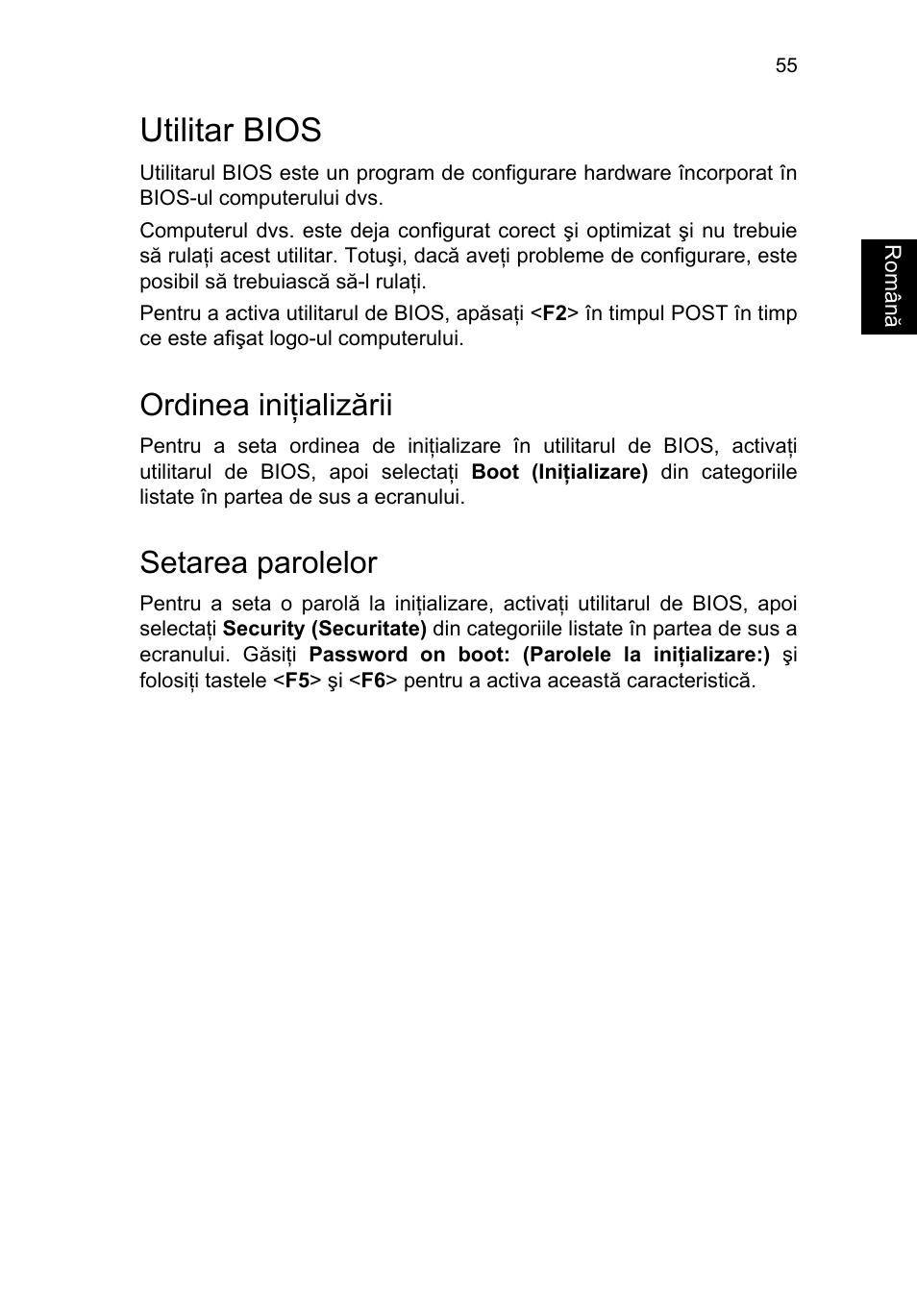 Utilitar bios, Ordinea iniţializării, Setarea parolelor | Activarea recuperării de la disc la disc | Acer TravelMate P253-MG User Manual | Page 1735 / 2736