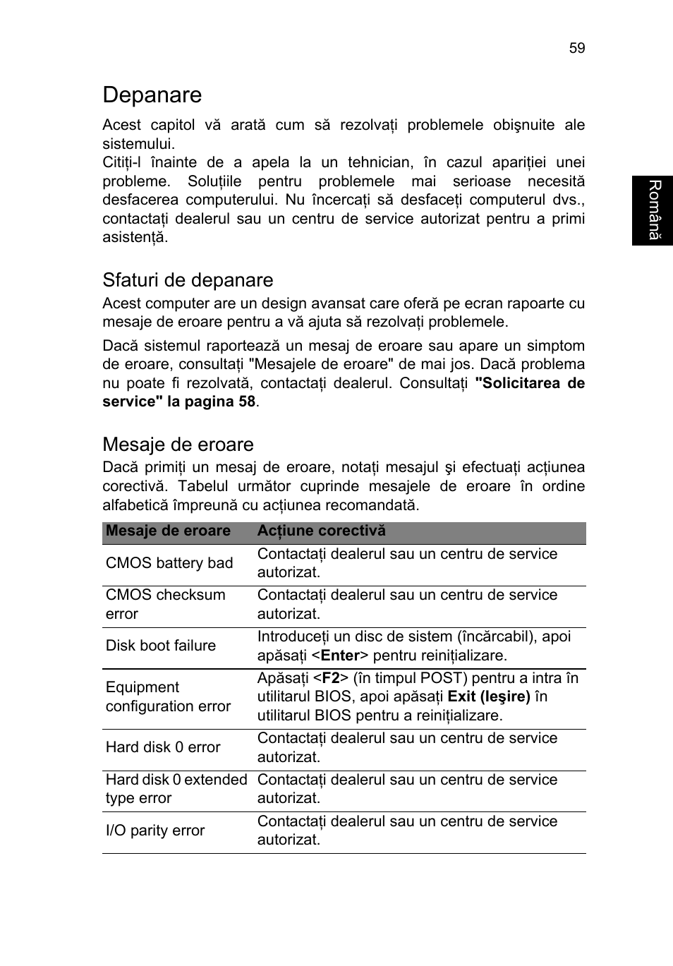 Depanare, Sfaturi de depanare, Mesaje de eroare | Acer TravelMate P253-MG User Manual | Page 1739 / 2736