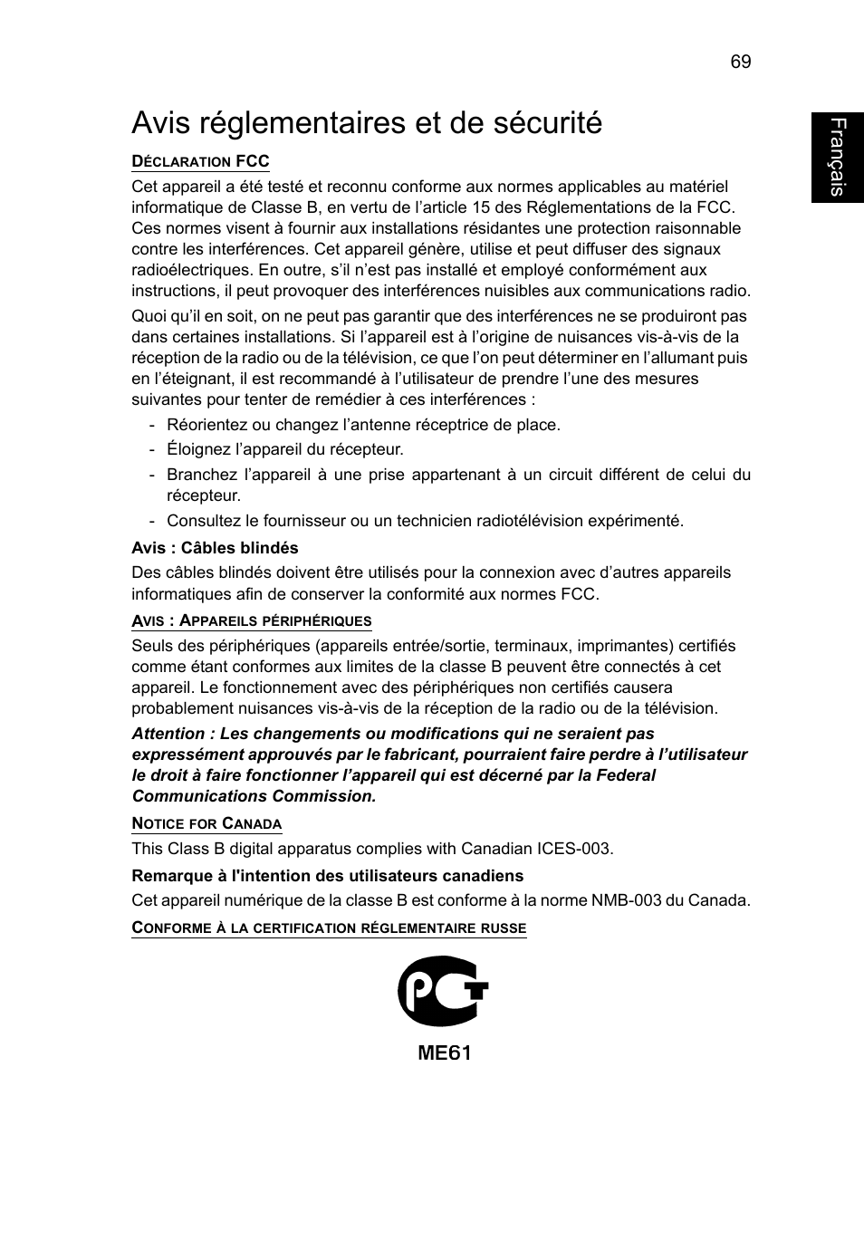 Avis réglementaires et de sécurité, Français, Fr a nça is | Acer TravelMate P253-MG User Manual | Page 177 / 2736