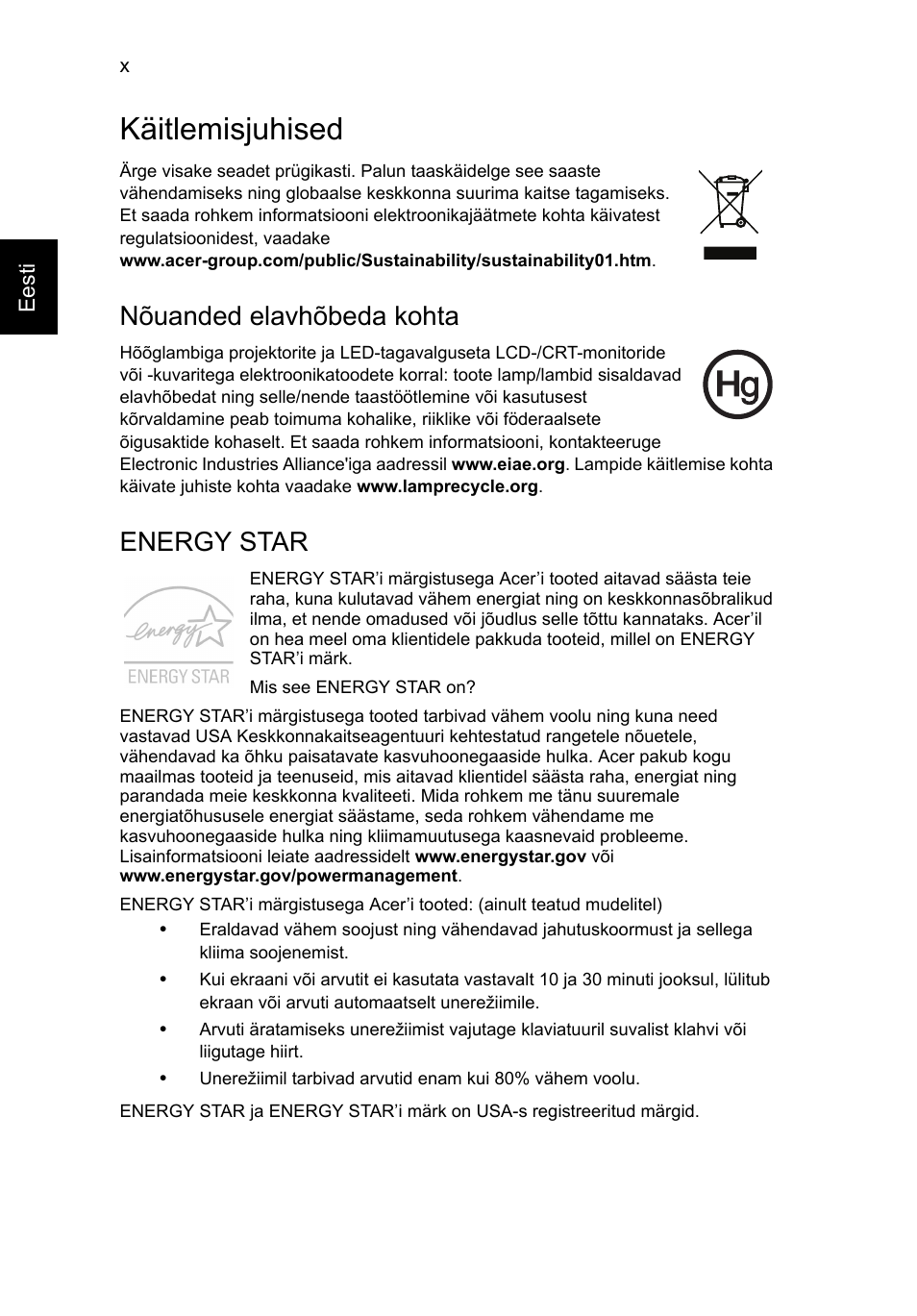 Käitlemisjuhised, Nõuanded elavhõbeda kohta, Energy star | Acer TravelMate P253-MG User Manual | Page 1854 / 2736