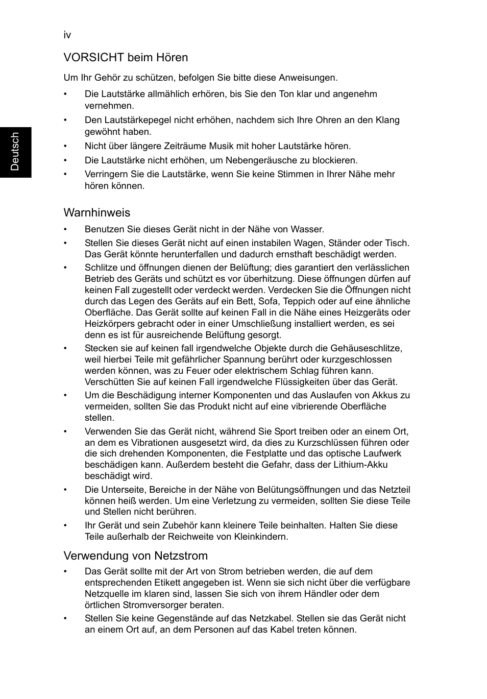 Vorsicht beim hören, Warnhinweis, Verwendung von netzstrom | Acer TravelMate P253-MG User Manual | Page 186 / 2736