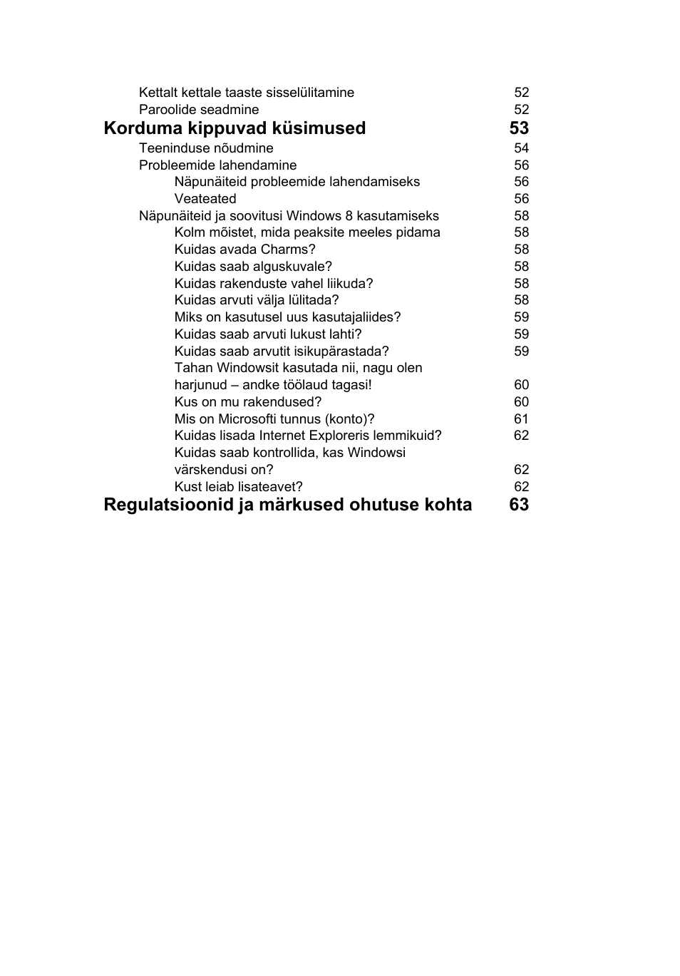 Korduma kippuvad küsimused 53, Regulatsioonid ja märkused ohutuse kohta 63 | Acer TravelMate P253-MG User Manual | Page 1863 / 2736