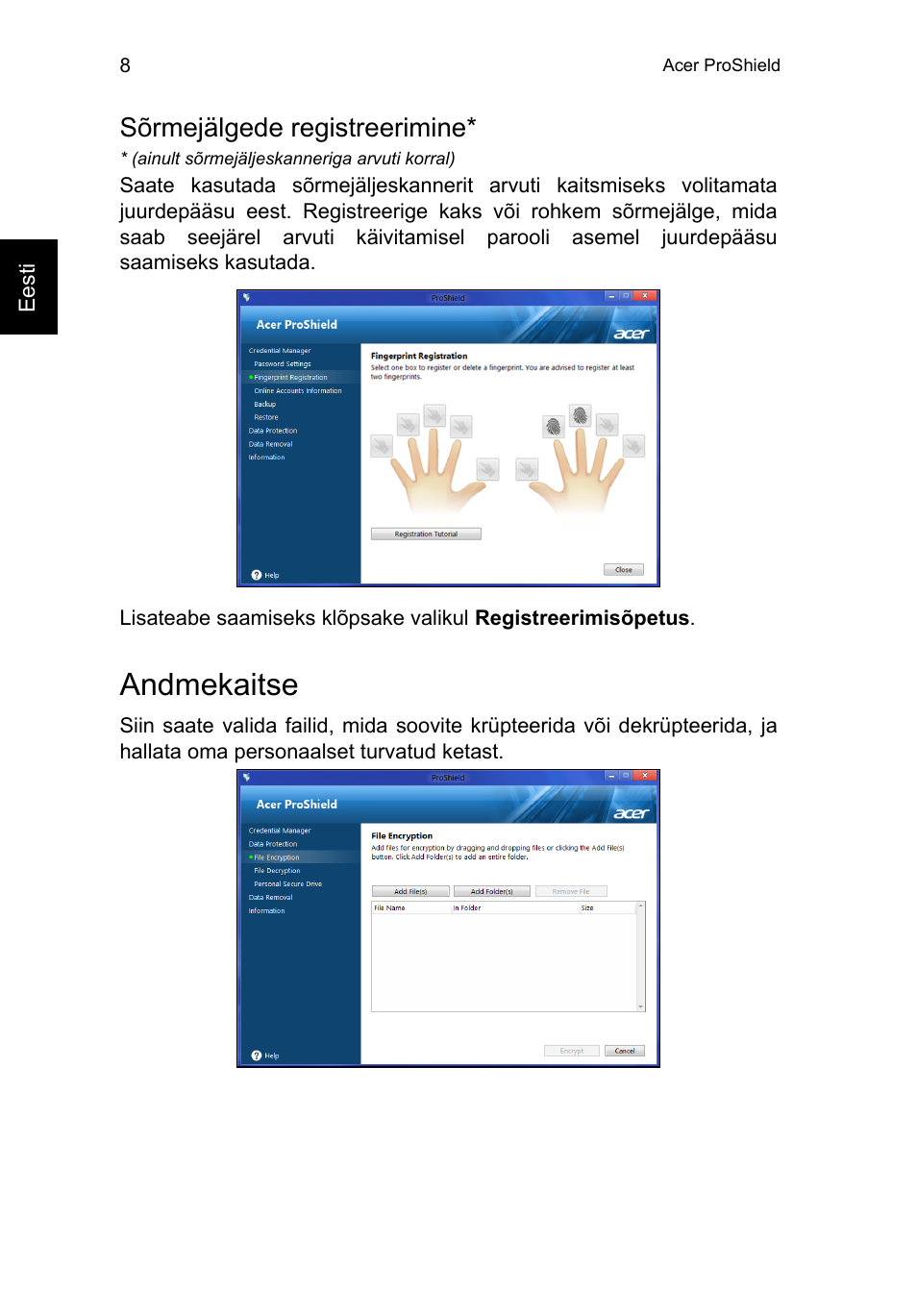 Sõrmejälgede registreerimine, Andmekaitse | Acer TravelMate P253-MG User Manual | Page 1872 / 2736