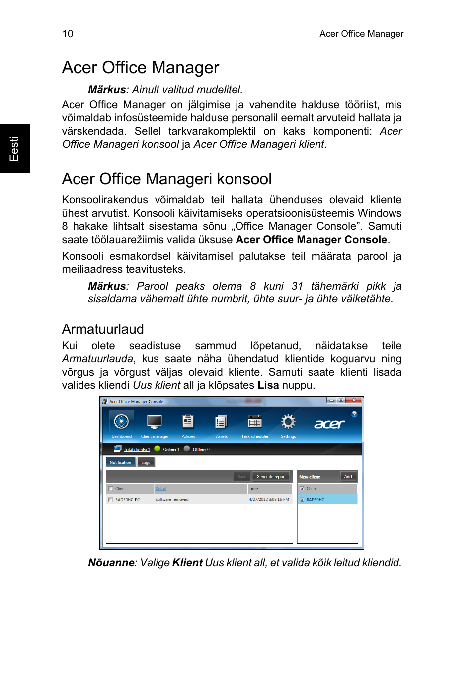 Acer office manager, Acer office manageri konsool, Armatuurlaud | Acer TravelMate P253-MG User Manual | Page 1874 / 2736